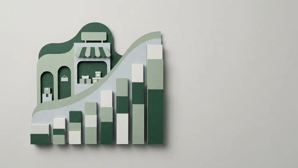 Illustrazione minimal di un e-commerce che cresce grazie alla Guida SEO Shopify, nei toni del verde e grigio.