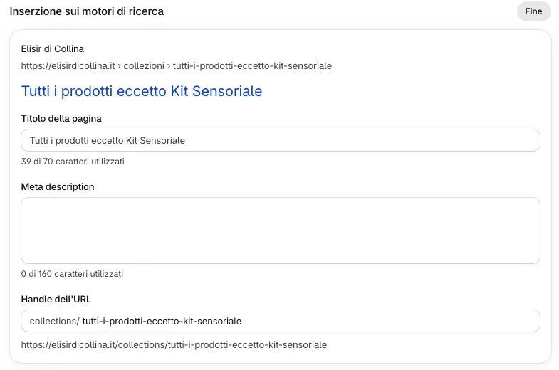 Riquadro SEO di una collezione Shopify con meta description vuota e title uguale al nome della collezione