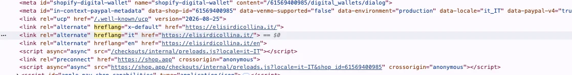 Tag hreflang generati da Shopify Markets nel codice sorgente di una pagina