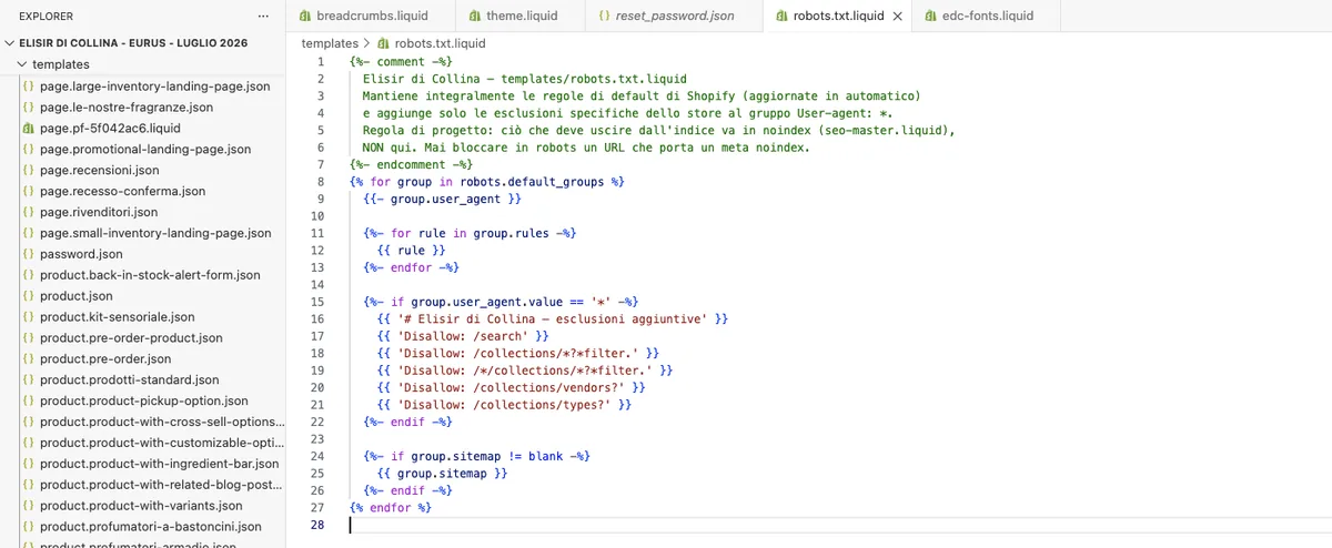 Il file robots.txt.liquid nell'editor del codice di un tema Shopify