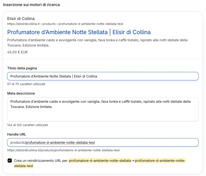 Modifica dell'handle di un prodotto Shopify con la casella per creare il reindirizzamento