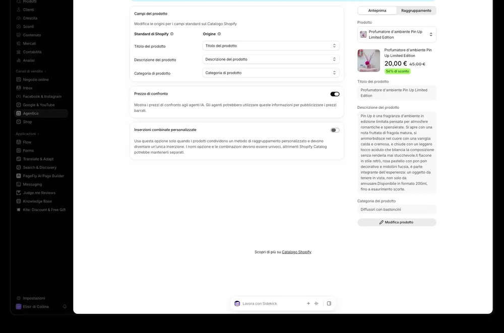 Mappatura di Shopify Catalog con l'opzione Prezzo di confronto attiva per inviare il prezzo barrato agli agenti AI, accanto all'anteprima di un prodotto scontato