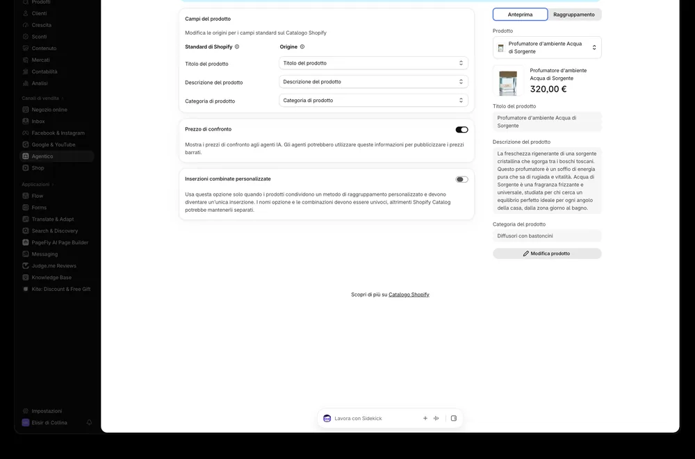 Mappatura di Shopify Catalog con le fonti per titolo, descrizione e categoria del prodotto, tra cui i metafield, accanto all'anteprima della scheda