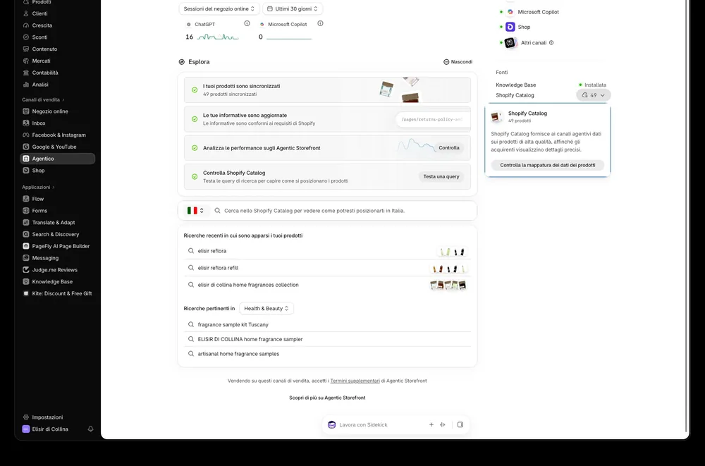 Pannello Agentico nell'admin di Shopify con i canali AI ChatGPT e Microsoft Copilot, i prodotti sincronizzati e la fonte Shopify Catalog
