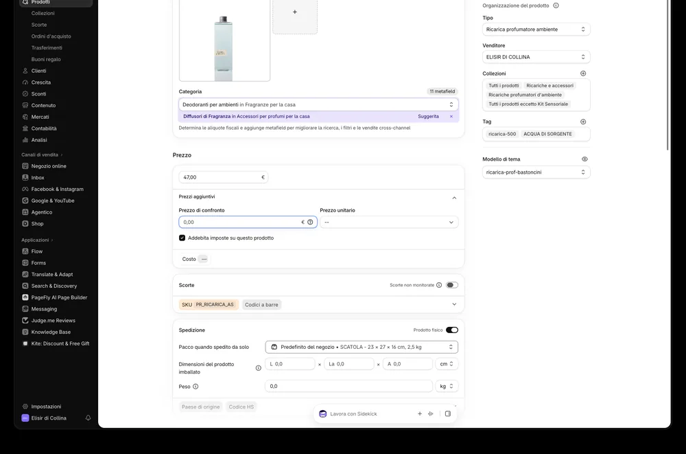 Editor prodotto di Shopify con i campi Prezzo e Prezzo di confronto nella sezione Prezzi aggiuntivi