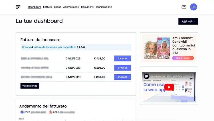 La dashboard di Fiscozen è semplice e permettere di monitorare fatturato e adempimenti fiscali