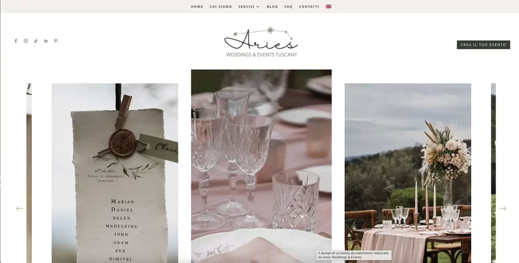 Il sito web di Aries Wedding che offre servizi di Wedding Planner a Prato in Toscana
