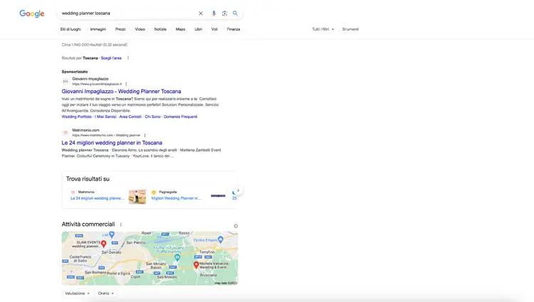 Risultati di ricerca (SERP) per la parola chiave wedding planner in toscana dall'Italia