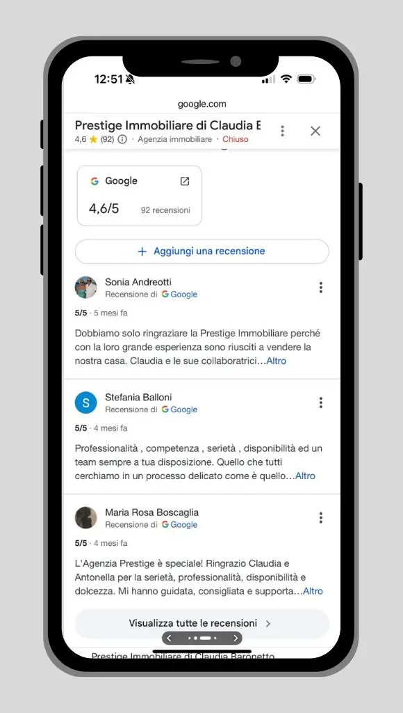 La sezione Recensioni di un profilo Google Business