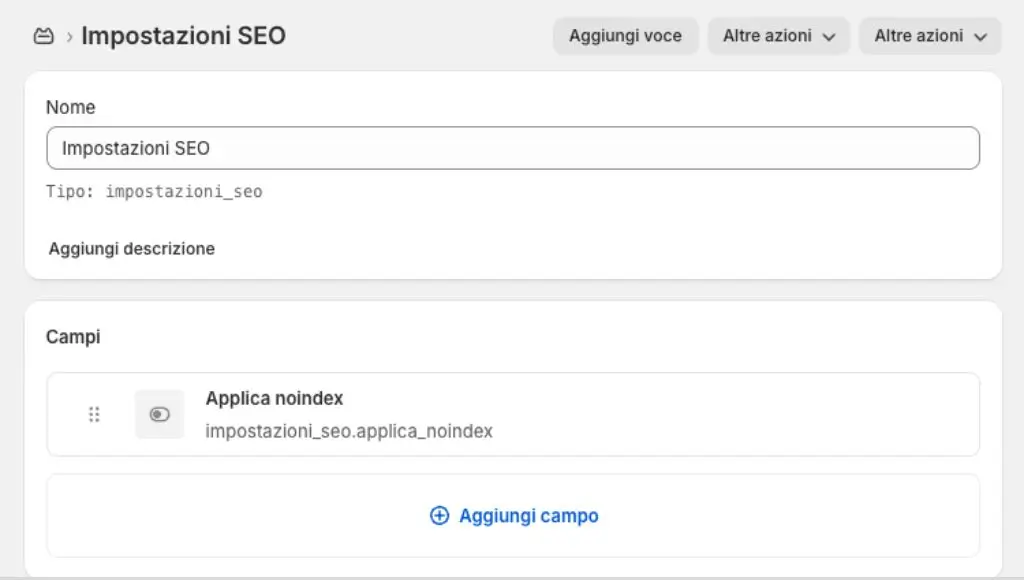 Una schermata di creazione di un Metaobject "Impostazioni SEO" su Shopify