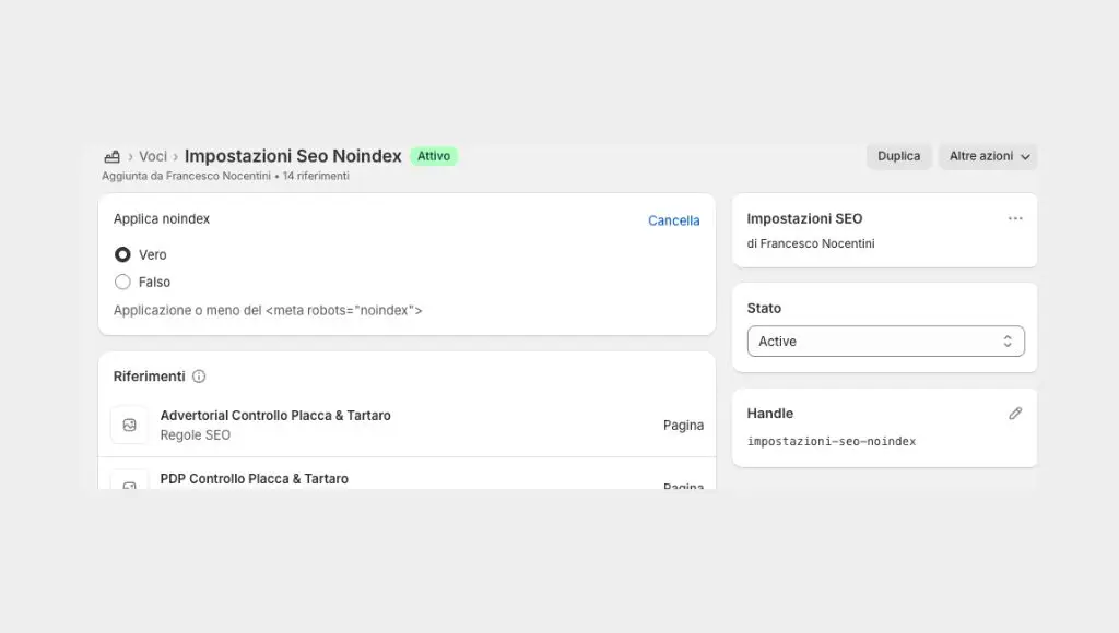 Una schermata che rappresenta la creazione della voce "Impostazione SEO Noindex" su Shopify per il Metaobject Impostazioni SEO