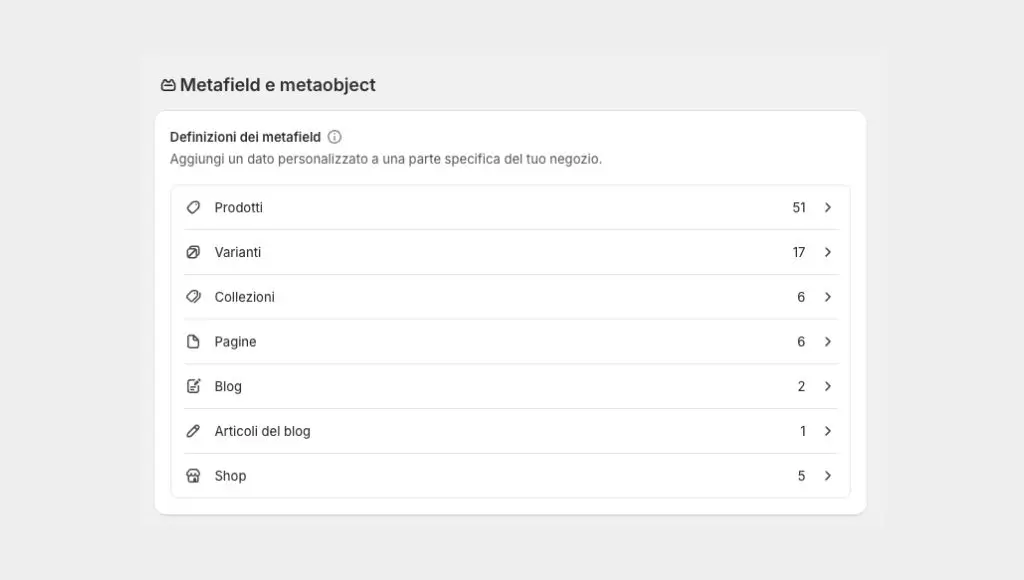 Schermata di Shopify per la gestione di Metafield e Metaobject
