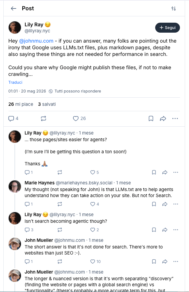 Una schermata che mostra il post di Lily Ray su Bluesky dove chiede perché Google pubblica il file llms.txt e pagine markdown e John Mueller risponde