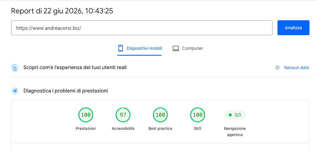 PageSpeed Insights sul sito andreacorsi.biz: la sezione Navigazione Agentica mostra 3 controlli su 3 superati, inclusa la conformità del file llms.txt.