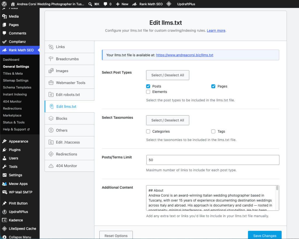 Interfaccia di Rank Math che mostra la configurazione del file llms.txt per andreacorsi.biz, con sezioni generate automaticamente dal CMS e sezioni personalizzate manualmente tra cui About, Services e Venues con link alle wedding venue del portfolio.